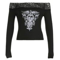 Womens Retro Printed Lace-Trimmed Off-Shoulder Long-Sleeve T-Shirt — 2