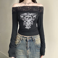 Womens Retro Printed Lace-Trimmed Off-Shoulder Long-Sleeve T-Shirt — 3