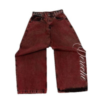 Y2K Letter-embroidered Rivet Belt Washed Vintage Jeans — 4
