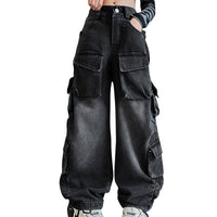 VOYOAO ofertas de Black 2024 Friday Deals Girls Baggy Jeans Y2k Streetwear Denim Cargo Pants Distressed Elastic High Waist Wide Leg Clothes Multi Pocket 5-16T Baggy Jeans — 2