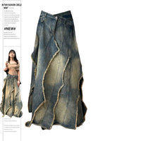 Plus Size Retro Y2K Irregular Denim Long Skirt for Women — 3