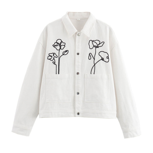 Women's Lapel Flower Embroidered Long Sleeve Baggy Coat