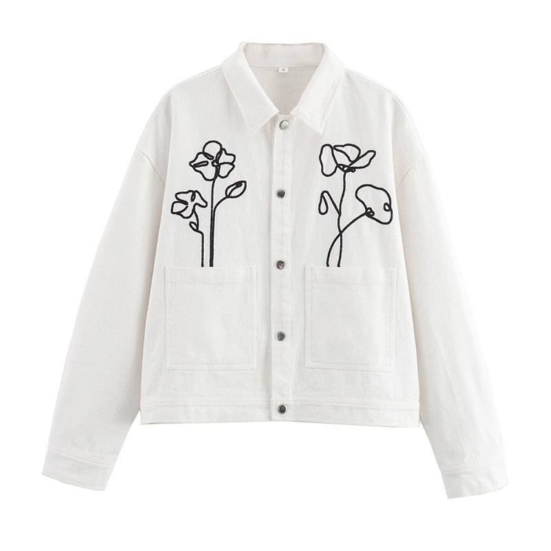 Women's Lapel Flower Embroidered Long Sleeve Baggy Coat