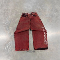 Y2K Letter-embroidered Rivet Belt Washed Vintage Jeans — 1
