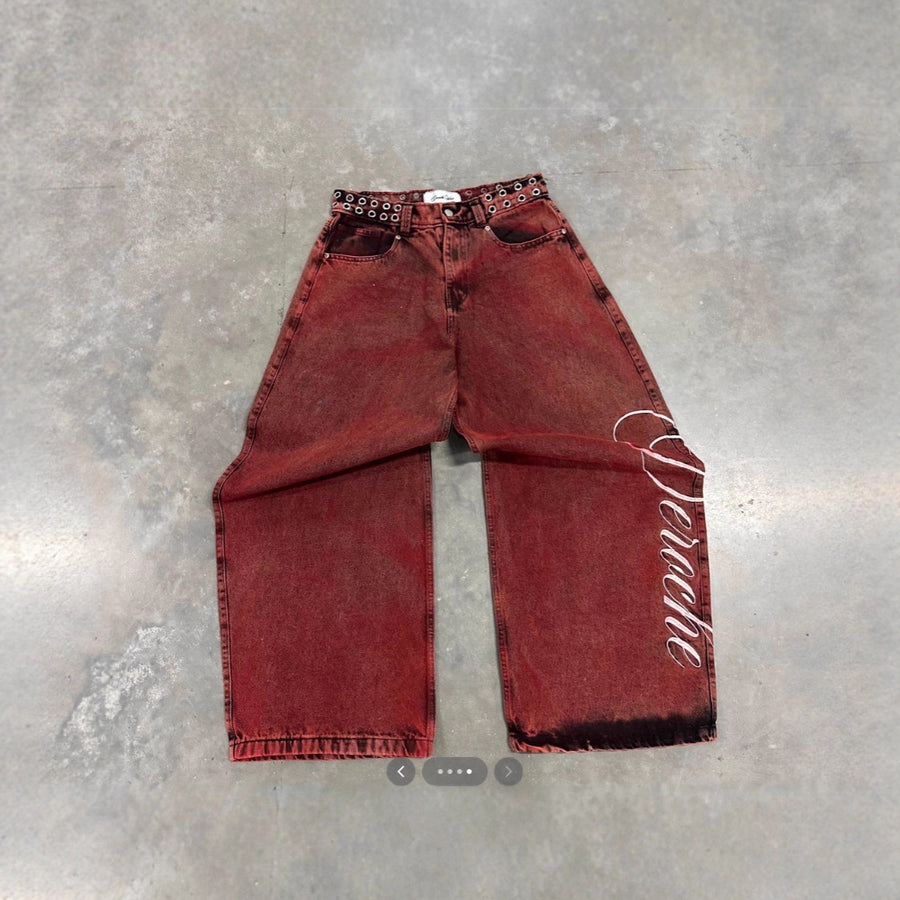 Y2K Letter-embroidered Rivet Belt Washed Vintage Jeans