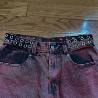 Y2K Letter-embroidered Rivet Belt Washed Vintage Jeans — 3